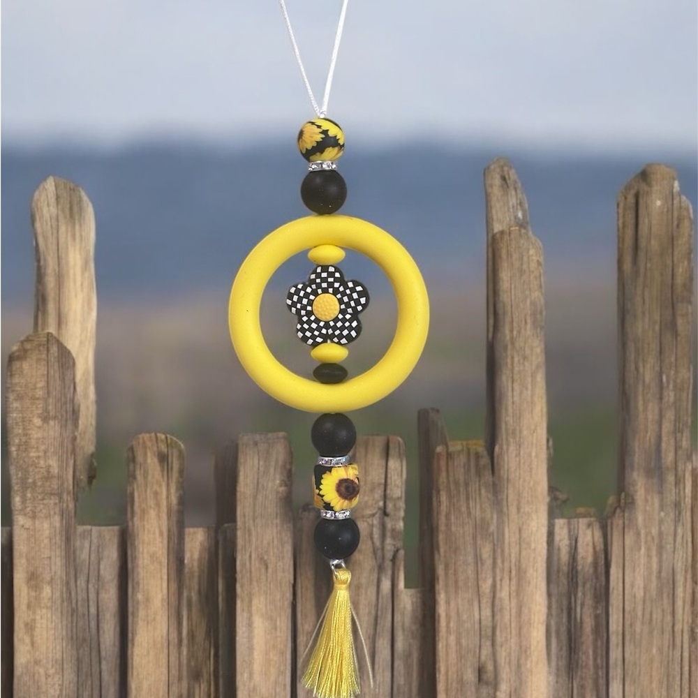 Yellow and Black sunflower Beaded Car Charm